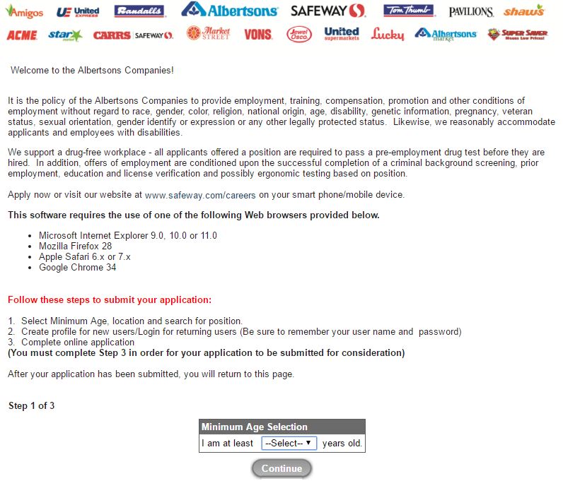 screenshot of the first page of the Safeway job application form